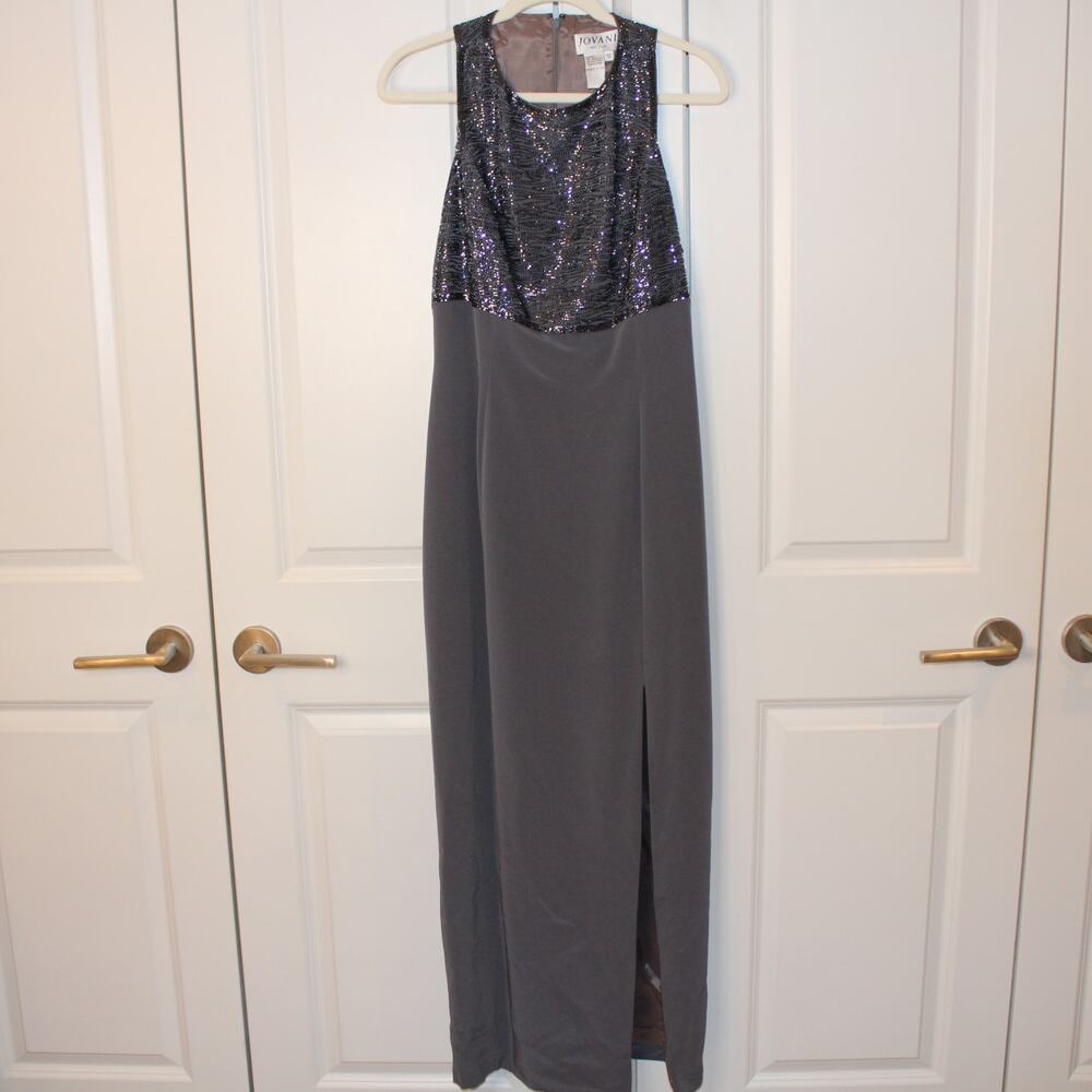 JOVANI Beaded Bodice Gray Evening Gown Long Dress Black Tie Wedding Guest